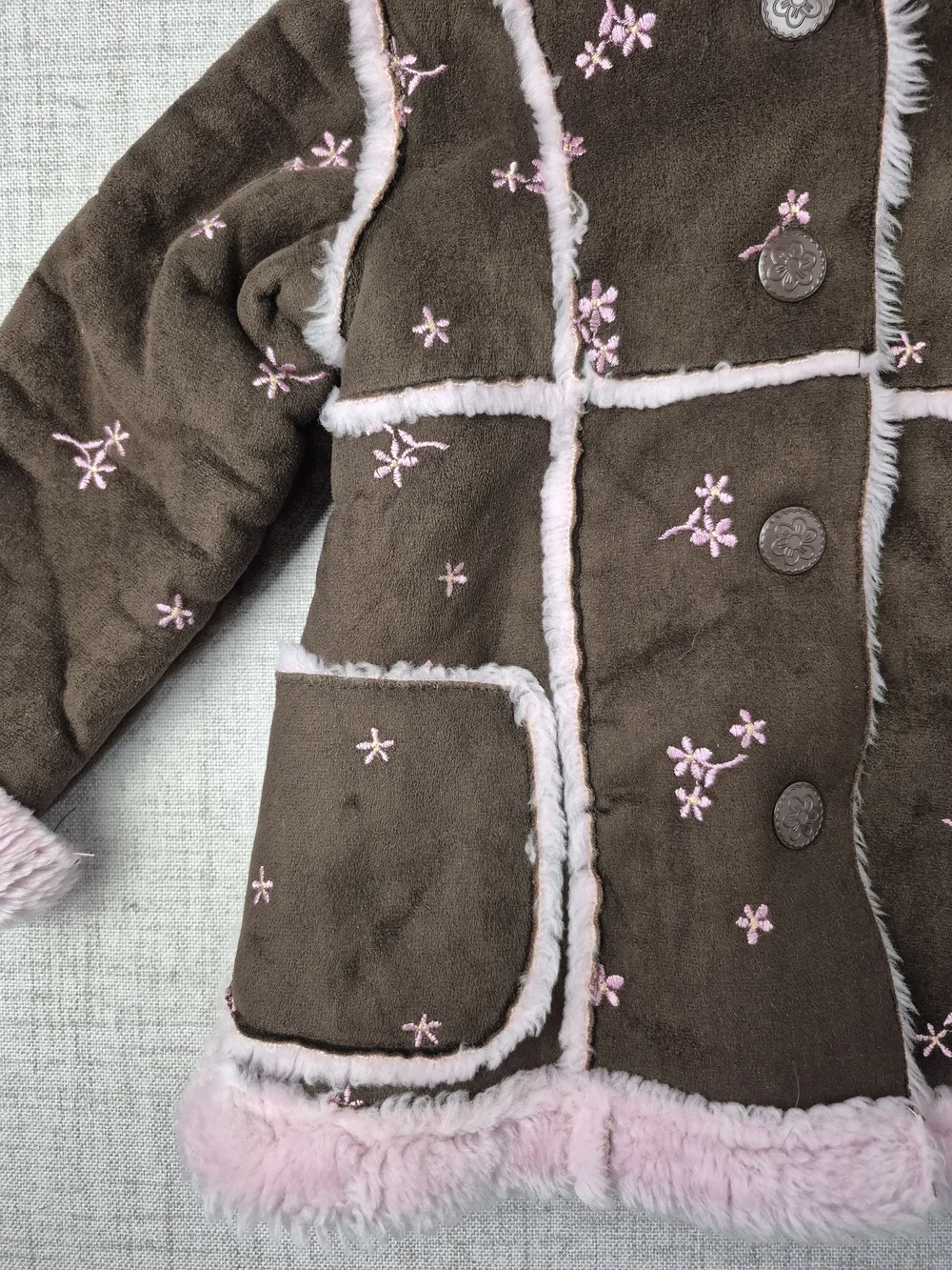Vintage 90s OshKosh B’gosh Baby Girl Faux Shearling Floral Embroidered Coat 18M